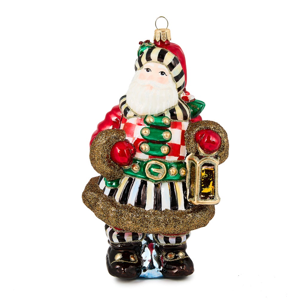 MacKenzie-Childs Check It Out Town Crier Santa Glass Ornament