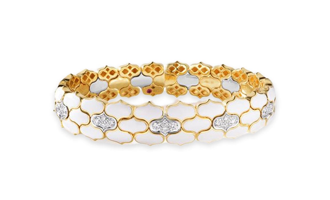 Roberto Coin Cobra White Enamel Two-Tone Diamond Bangle Bracelet