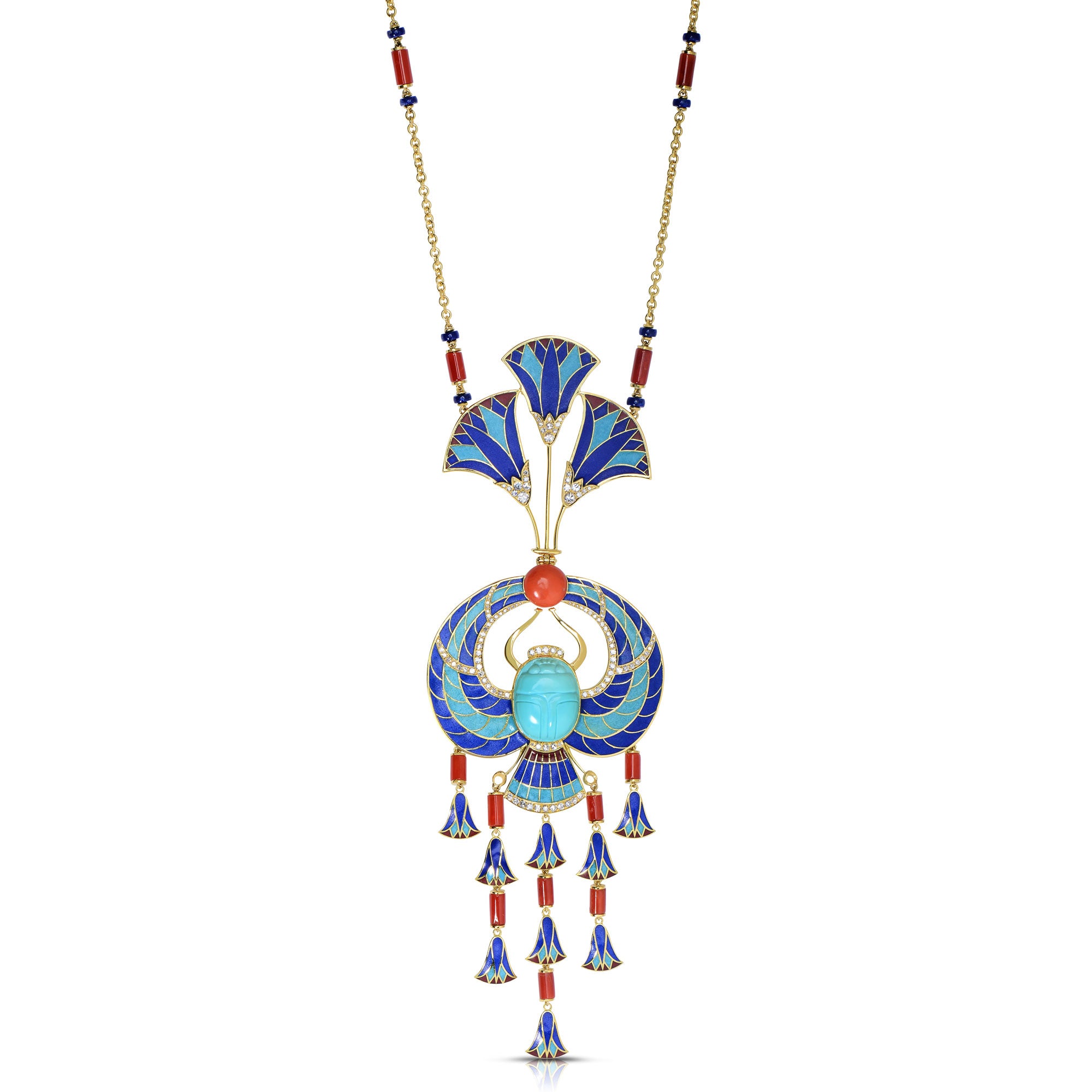 Diamond & Enamel Scarab Pendant Necklace in 18K Yellow Gold