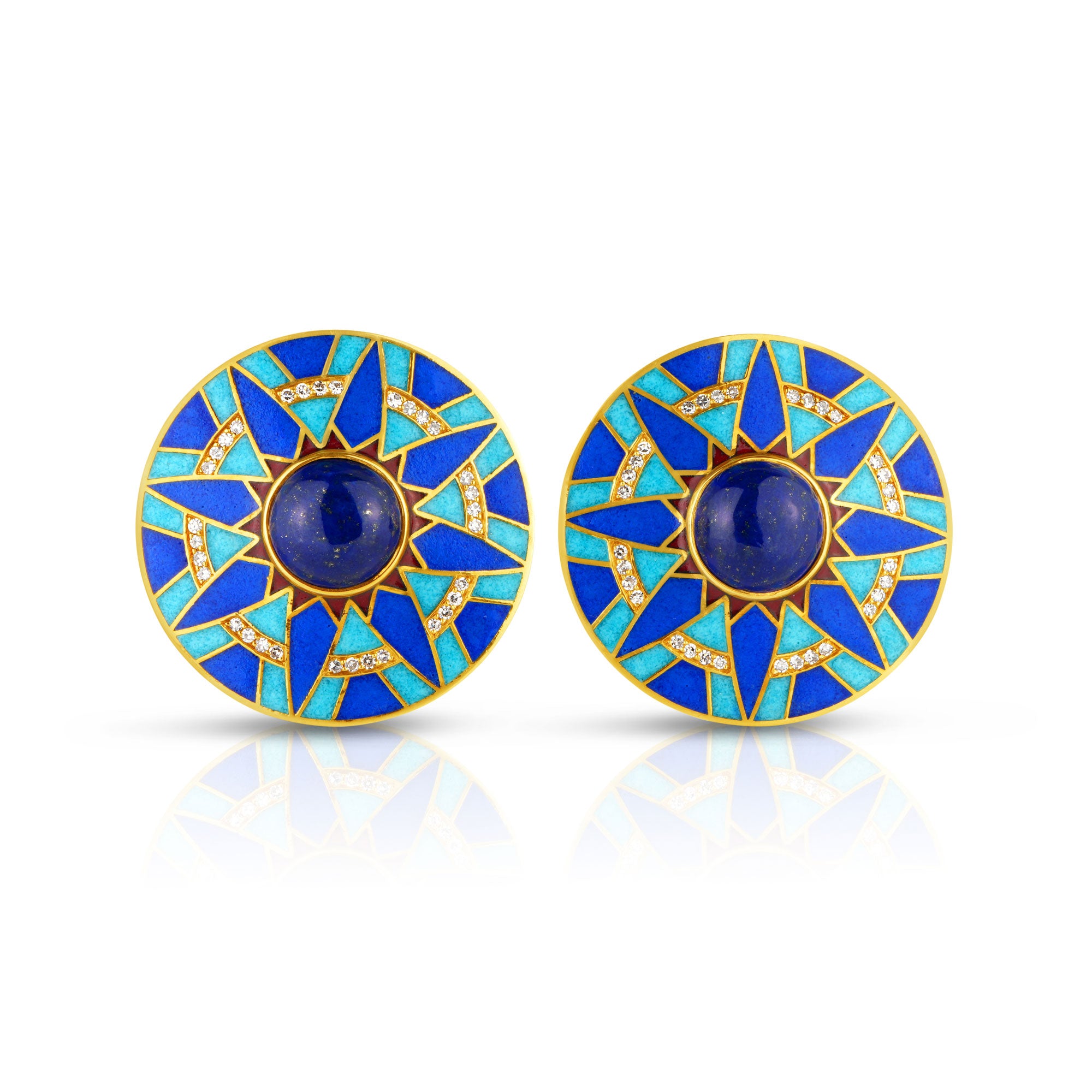 Lapis & Diamond Enamel Stud 18kt Yellow Gold Earrings