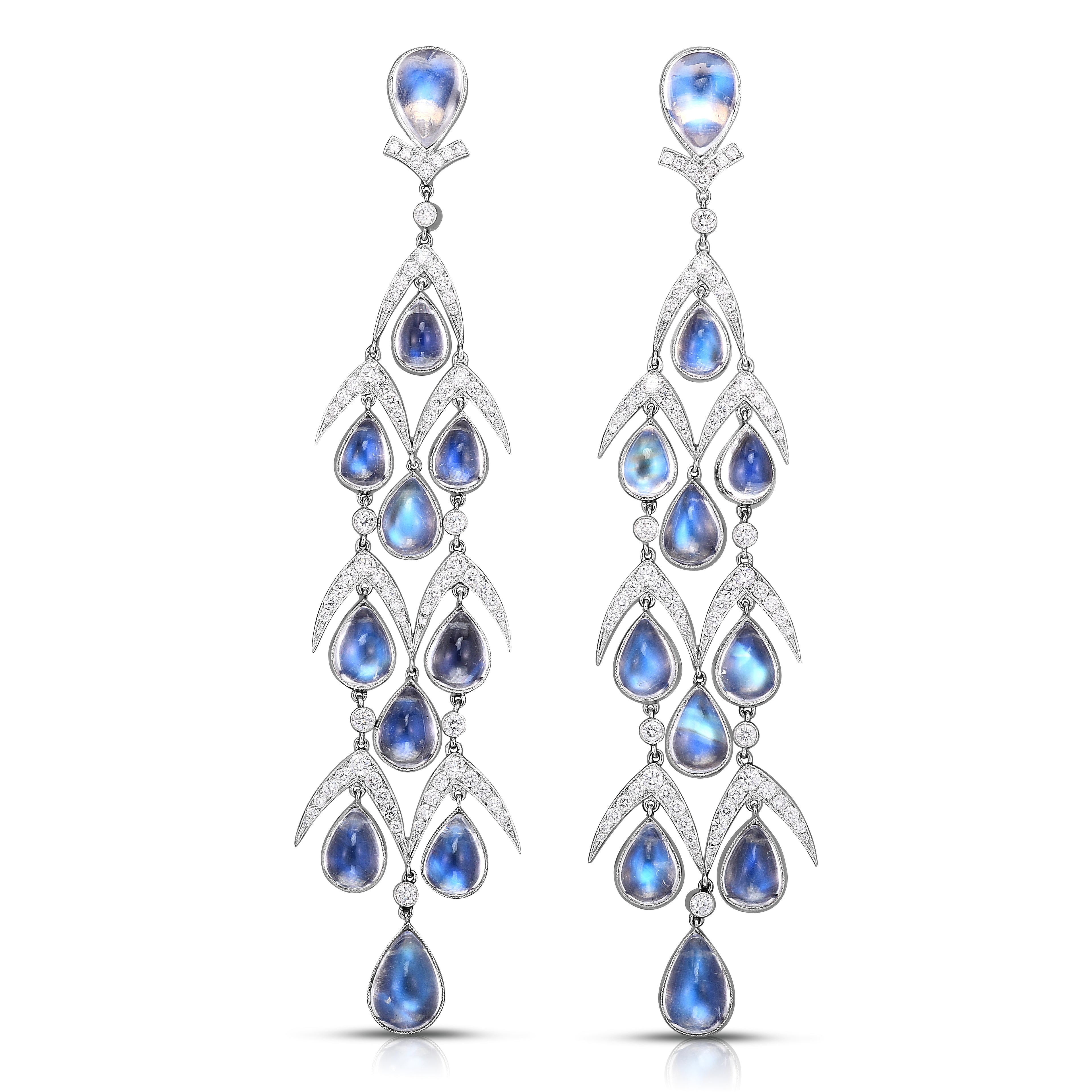 Moonstone & Diamond Drop Platinum Earrings