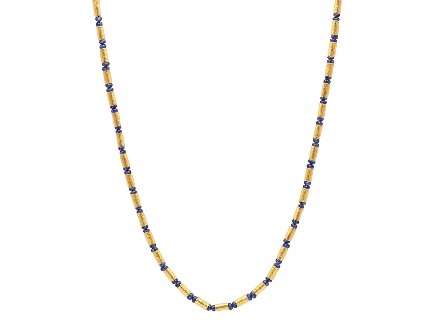 "Vertigo" 24kt Gold Sapphire Beaded Necklace, Gold Tubes and Cabochon Beads