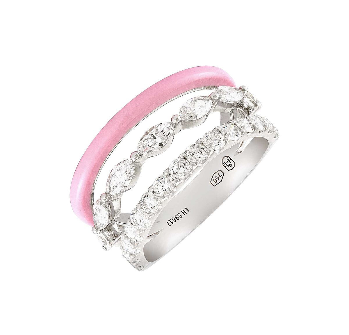 18kt White Gold Diamond & Pink Enamel Crossover Ring