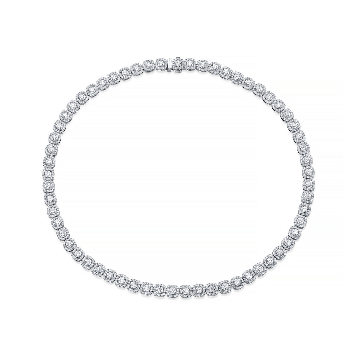 A tennis necklace made of small round-cut diamonds set in a silver-toned metal, arranged in a perfect circle on a solid white background.