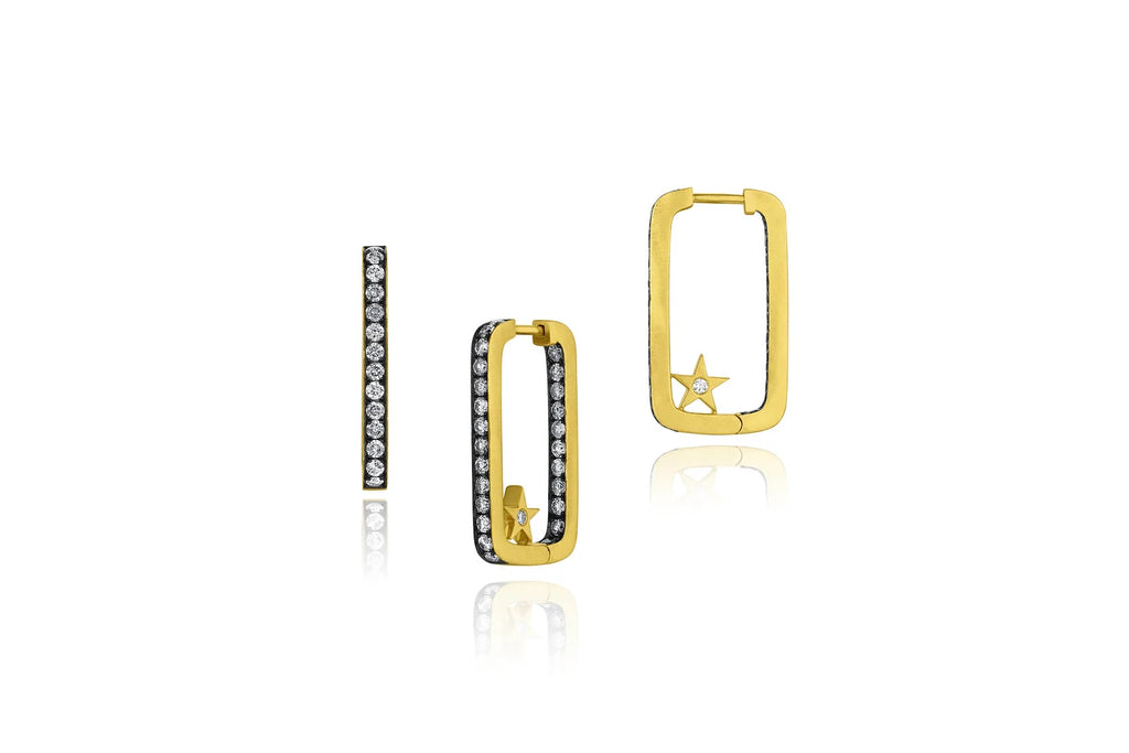 Long Rectangular Hoop Earrings with Star - Grey Diamond