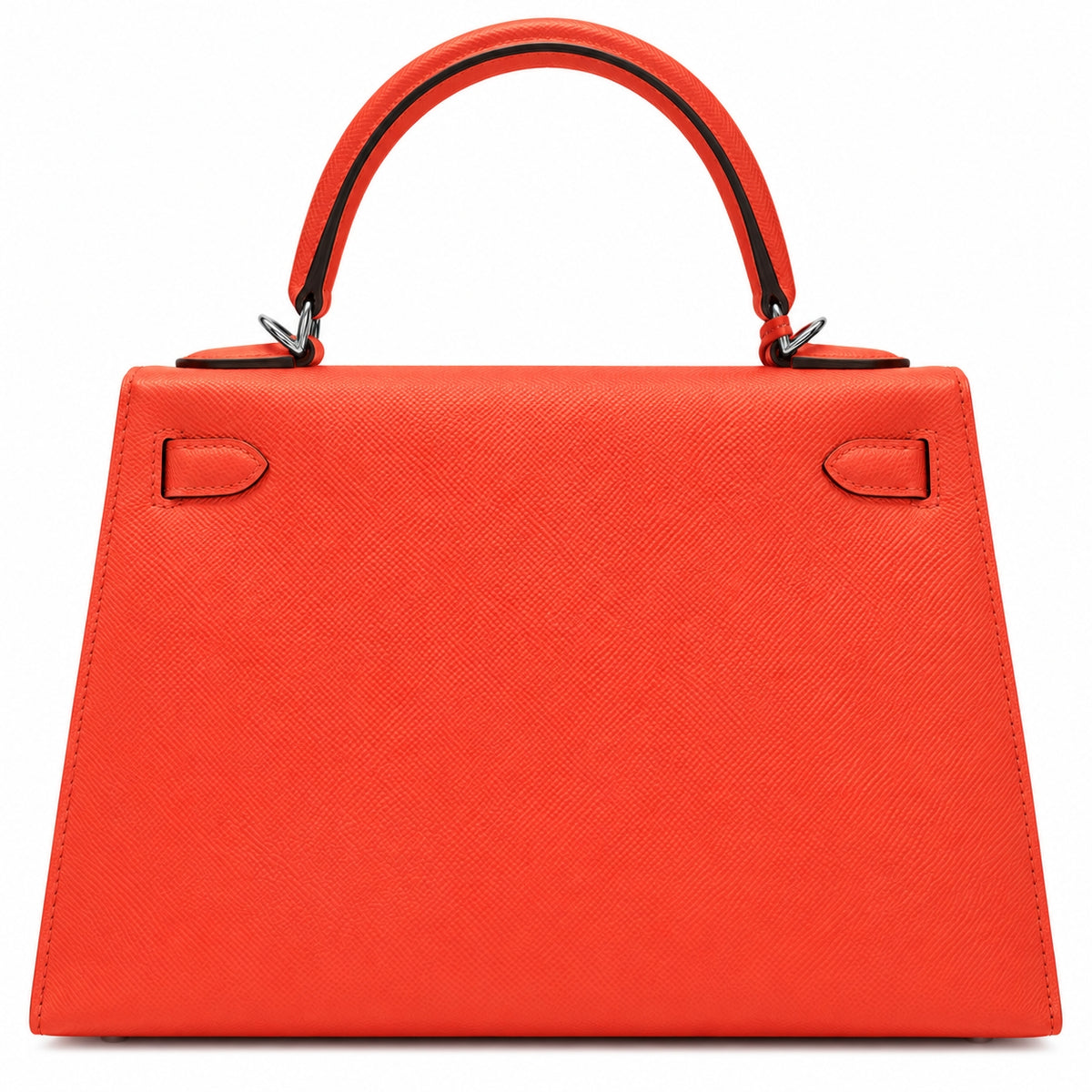 A structured top-handle handbag in bright orange-red textured leather with silver-tone hardware, shown against a plain white background.