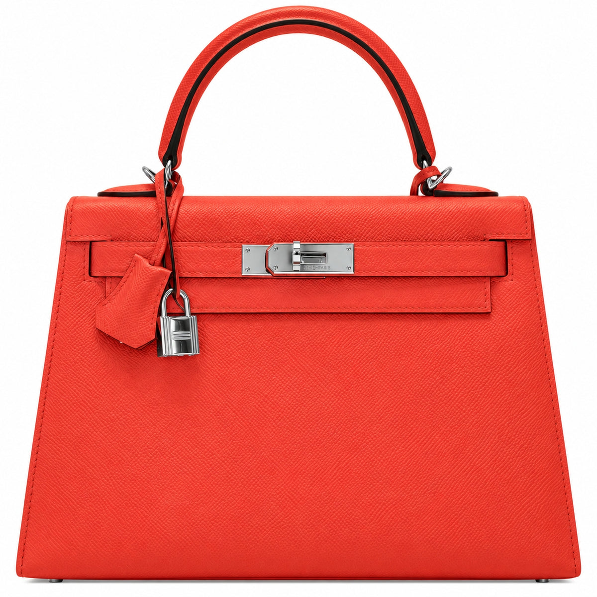 A structured top-handle handbag in bright orange-red textured leather with silver-tone hardware, shown against a plain white background.