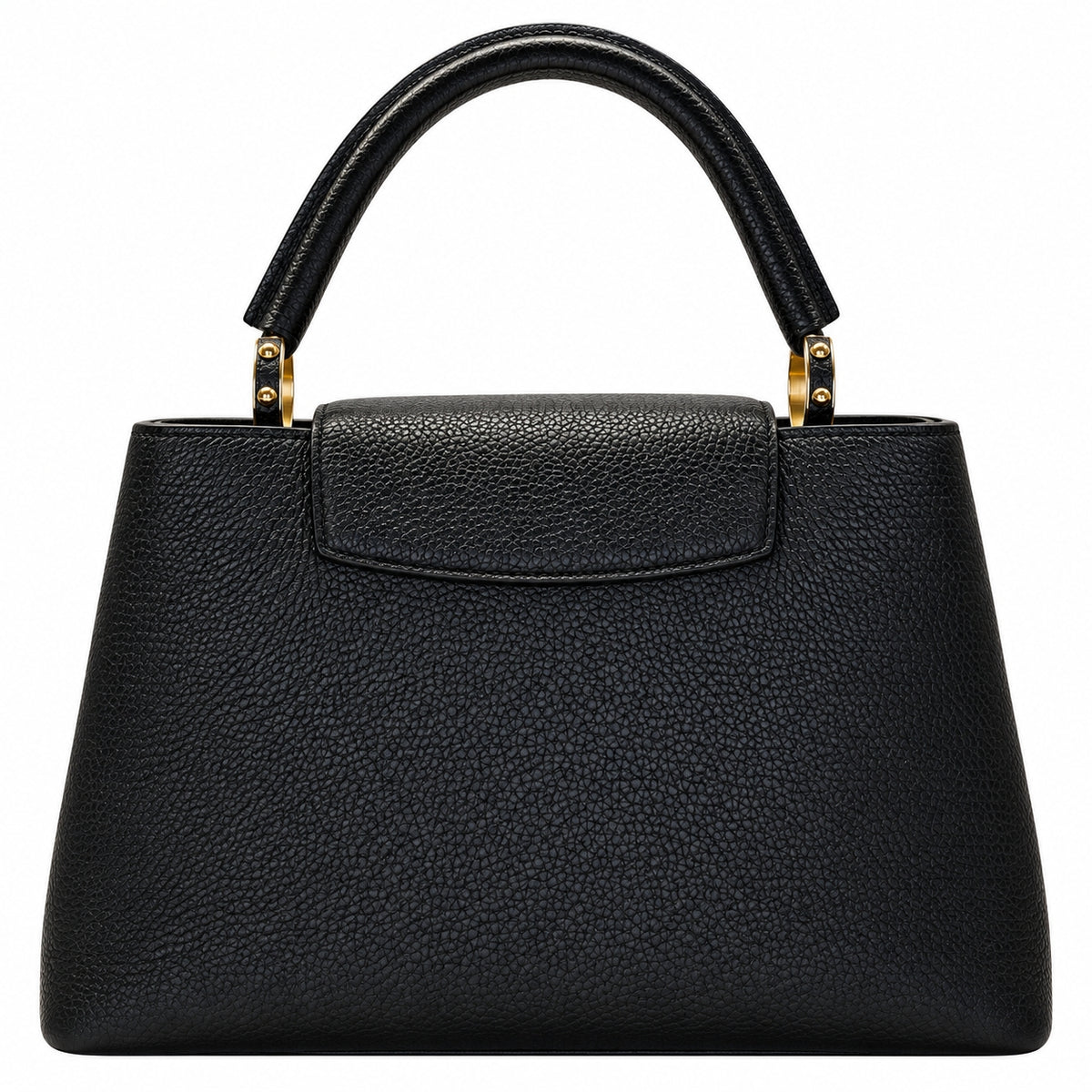 A black pebbled leather handbag with a structured shape, top handle, and gold-tone hardware, shown against a plain white background.