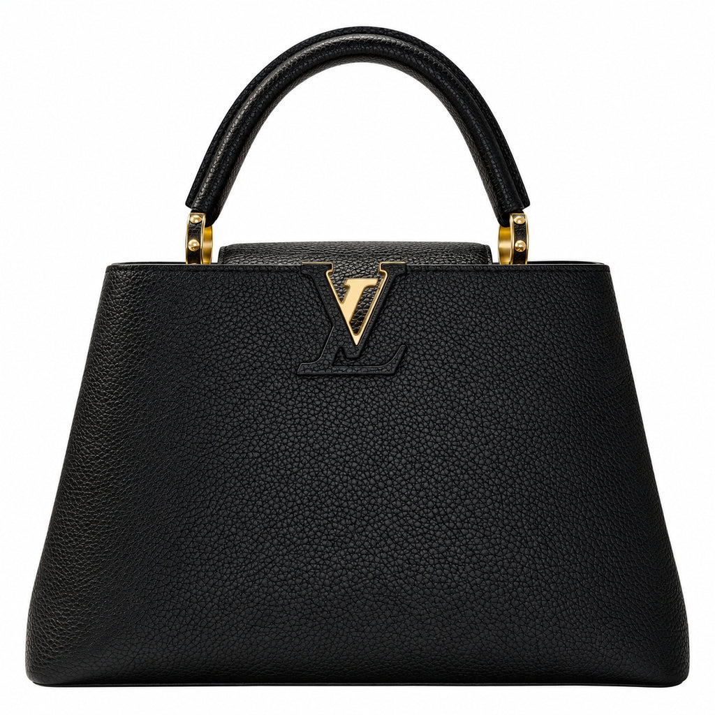 A black pebbled leather handbag with a structured silhouette, dual top handles, and a gold-tone Louis Vuitton monogram logo on the front, set against a plain white background.