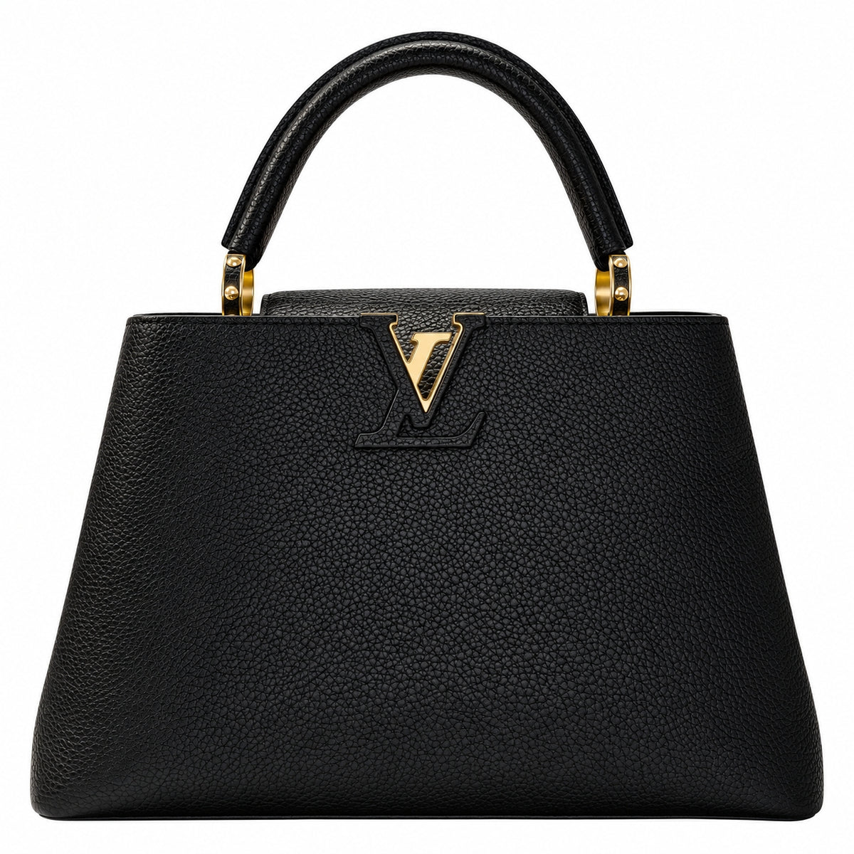 A black pebbled leather handbag with a structured silhouette, dual top handles, and a gold-tone Louis Vuitton monogram logo on the front, set against a plain white background.