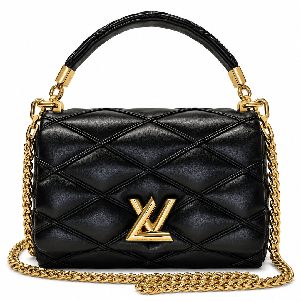 A black quilted leather handbag with a gold-tone chain strap and a prominent gold-tone LV logo on the front, set against a plain white background.