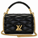 A black quilted leather handbag with a gold-tone chain strap and a prominent gold-tone LV logo on the front, set against a plain white background.
