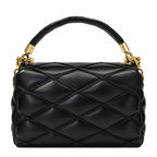 A black quilted leather handbag with a top handle and gold-tone chain accents, photographed against a plain white background.
