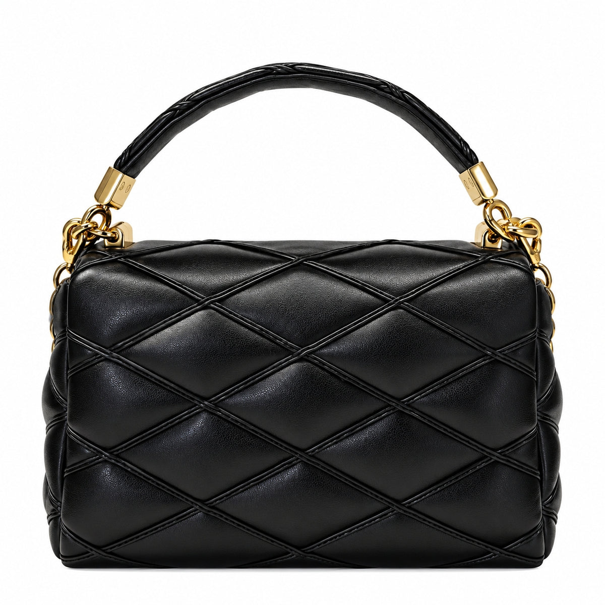 A black quilted leather handbag with a top handle and gold-tone chain accents, photographed against a plain white background.