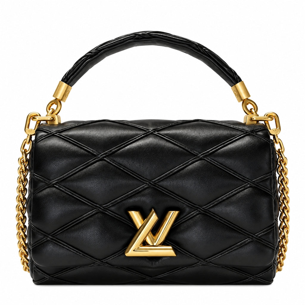 A black quilted leather handbag with a top handle, gold chain straps, and a gold-tone Louis Vuitton LV logo on the front, shown against a plain white background.