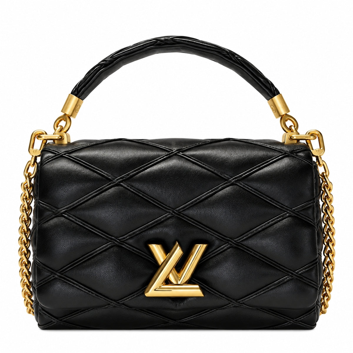 A black quilted leather handbag with a top handle, gold chain straps, and a gold-tone Louis Vuitton LV logo on the front, shown against a plain white background.