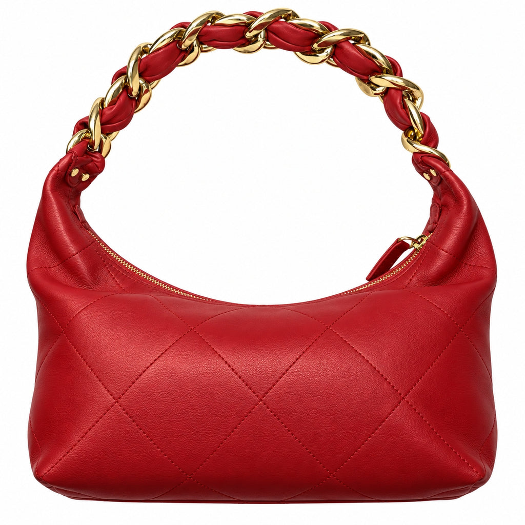A red quilted leather hobo shoulder bag with a gold-tone chain-link handle, shown against a plain white background.