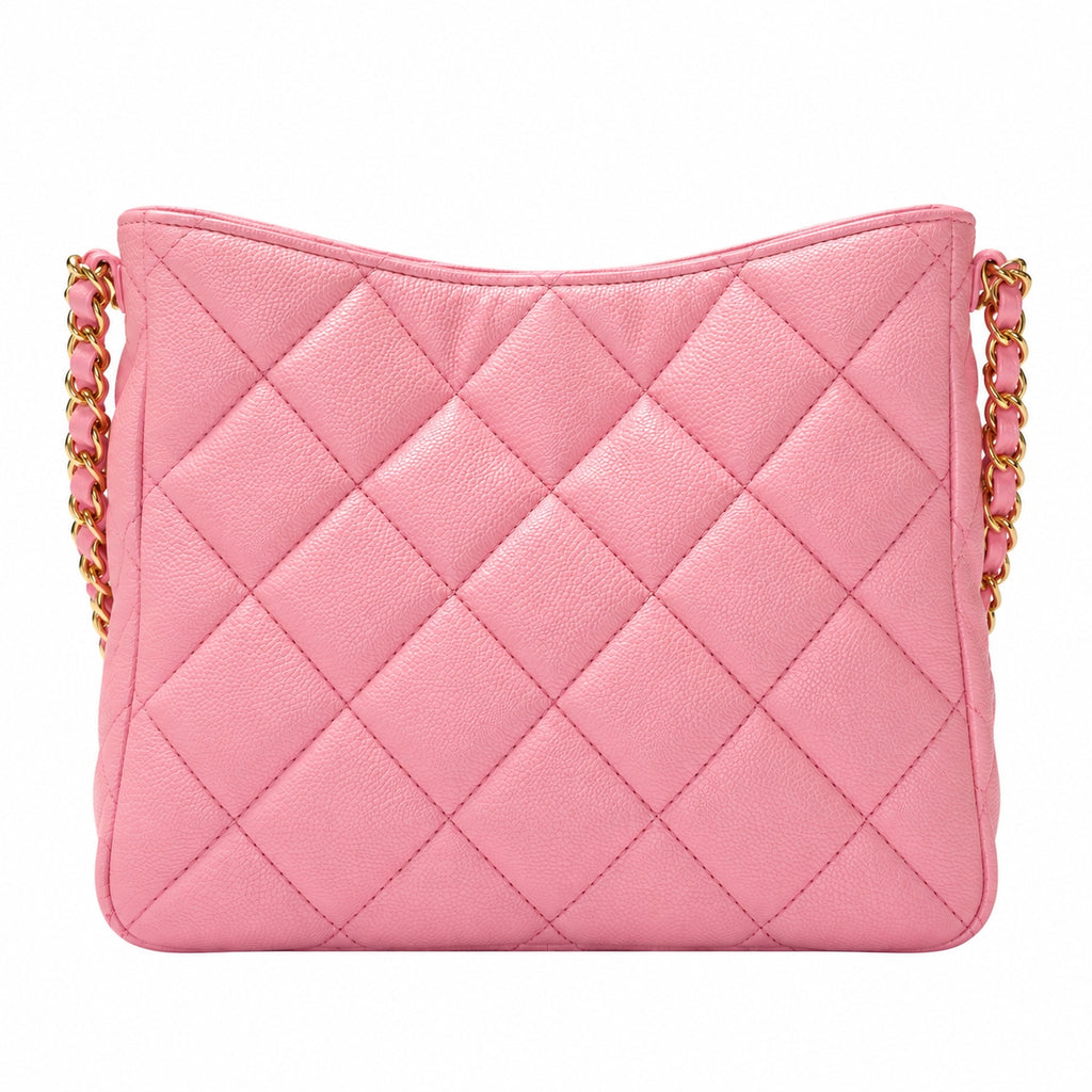 A pink quilted leather shoulder bag with a gold chain strap, shown against a plain white background.