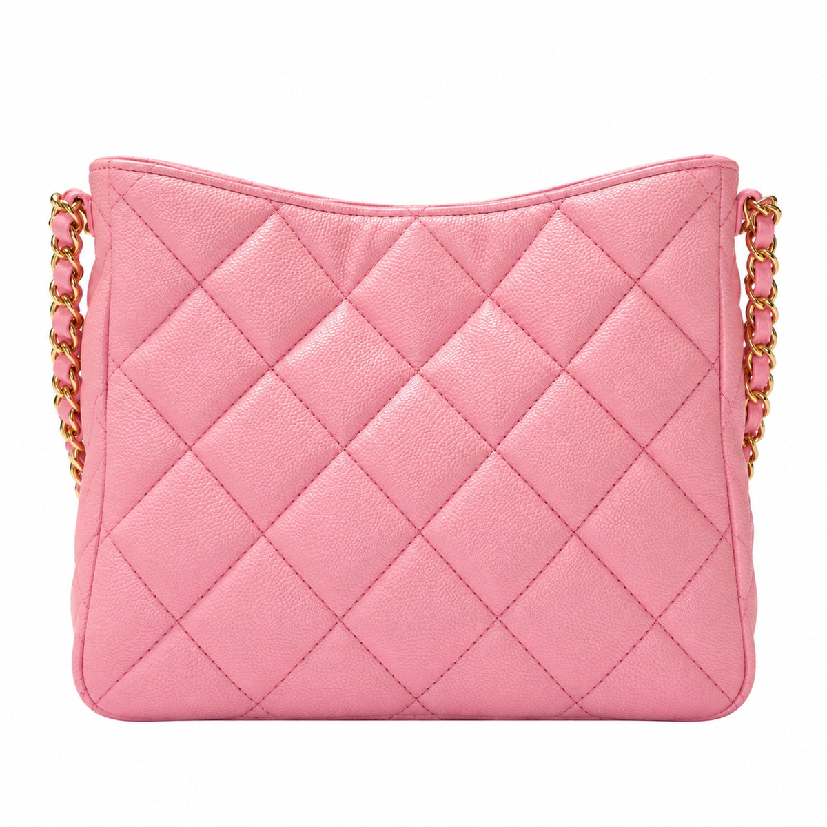 A pink quilted leather shoulder bag with a gold chain strap, shown against a plain white background.