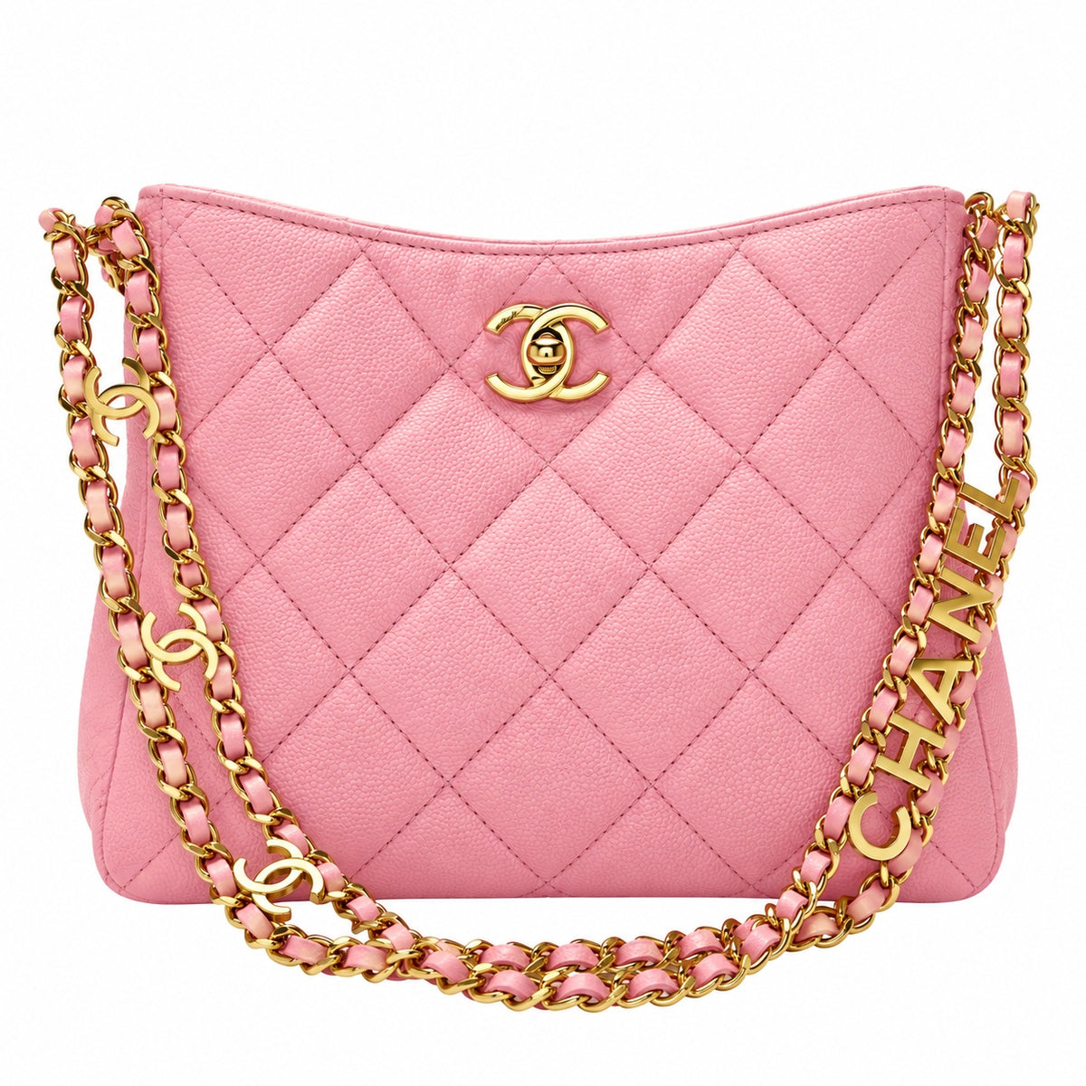 A pink quilted Chanel shoulder bag with gold-tone hardware, featuring a signature CC turn-lock closure and a chain strap with 'CHANEL' lettering.