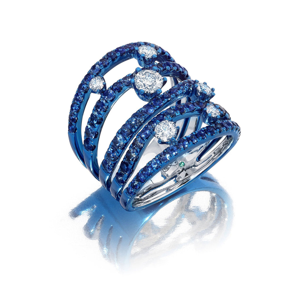 Blue Sapphire & Diamond Rio Cage Ring in 18kt White Gold
