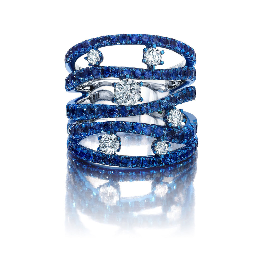 Graziela Gems Blue Sapphire & Diamond Rio Cage Ring in 18kt White Gold