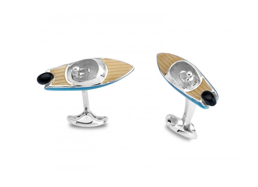 Deakin & Francis Speed Boat Red & Silver Enamel Springback Sterling Silver Cufflinks