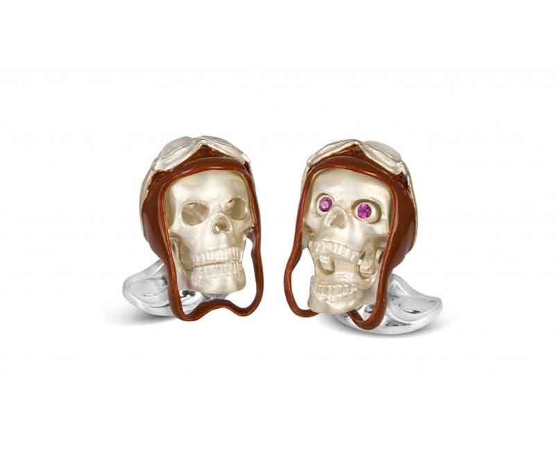 Deakin & Francis Sterling Silver Skull Cufflinks with Brown Vintage Aviator Pilot Hat