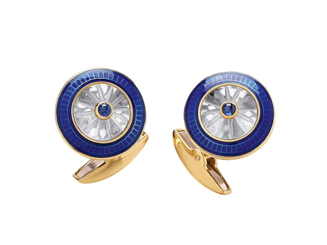 Deakin & Francis 18kt Gold Round Crystal Cufflinks with Sapphire Center