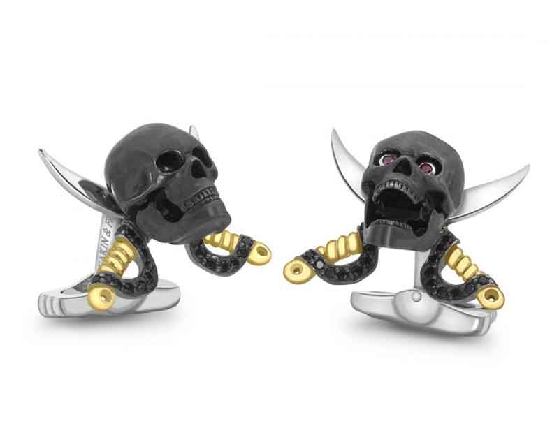 Deakin & Francis Sterling Silver Skull and Swords Cufflinks With Ruby Eyes