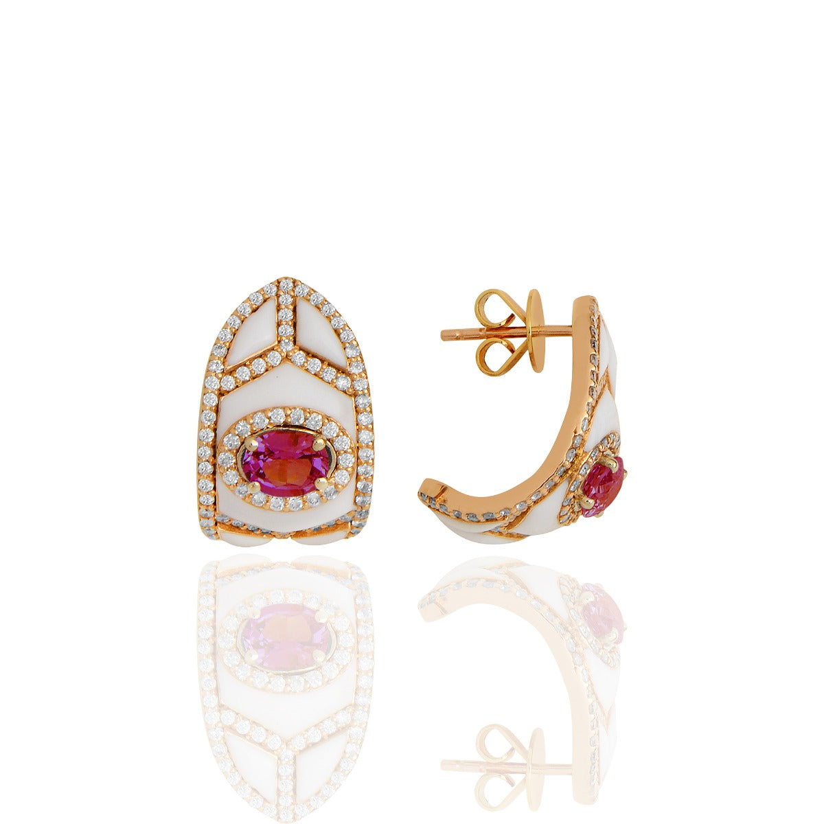 Terzihan Diamond & Ruby Shield Huggie Earrings in 18kt Rose Gold
