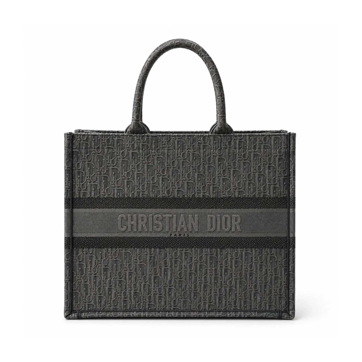Christian Dior monogram canvas tote bag in dark gray and black, featuring a central horizontal stripe with 'CHRISTIAN DIOR PARIS' text and dual top handles, shown on a plain white background.