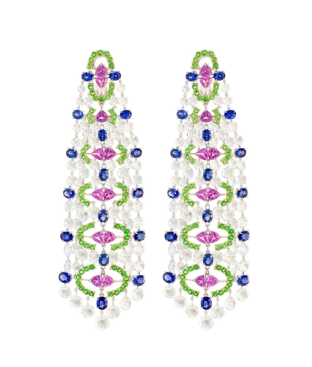 Etho Maria Aquamarine, Blue & Pink Sapphire Drop Earrings in 18kt Gold
