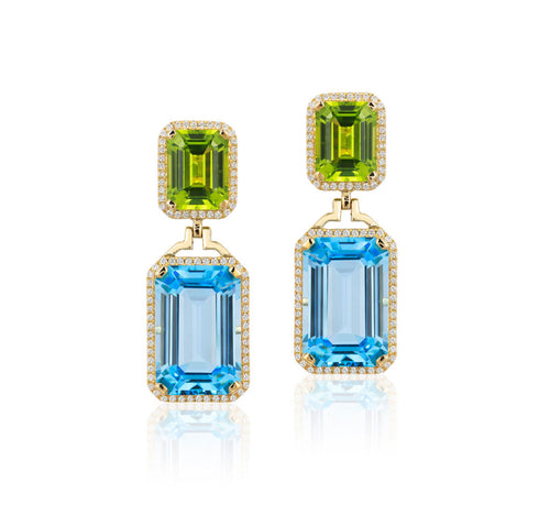 Goshwara "Gossip" Blue Topaz and Peridot Earrings with Diamonds In 18kt Yellow Gold