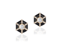 Hexagon diamond stud earrings with black enameling in 18k yellow gold with diamonds, from the Goshwara “Queen” collection.