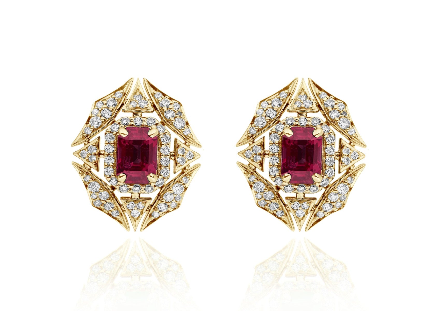 Goshwara “G-One” Ruby Web Earrings in 18kt Yellow Gold