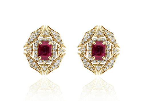 Goshwara “G-One” Ruby Web Earrings in 18kt Yellow Gold