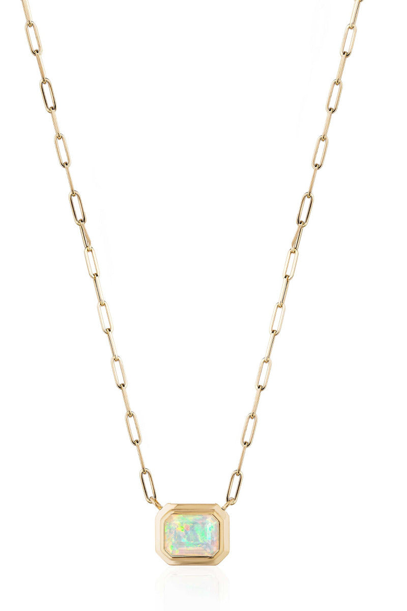"Manhattan" Opal Emerald Cut Bezel Set Pendant Necklace