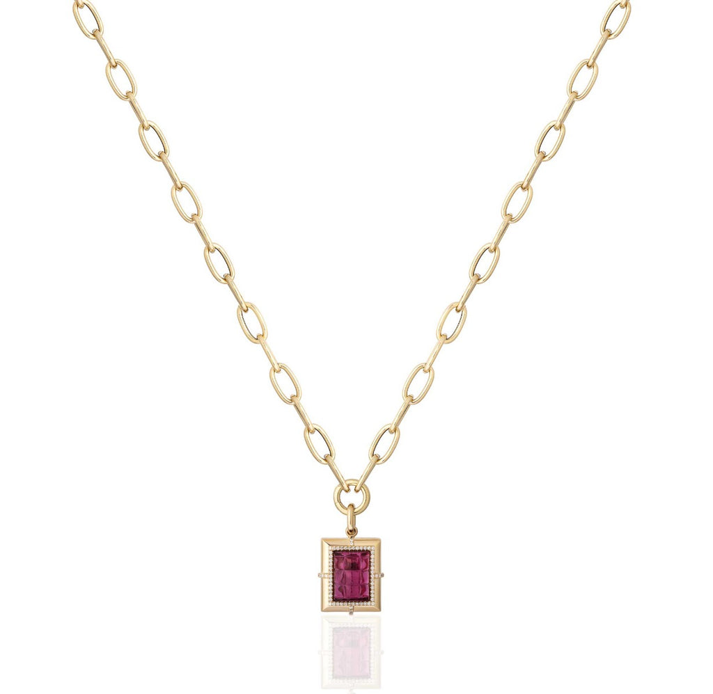 Goshwara "G-One" Rubellite and Diamond Carved Medallion Pendant Necklace