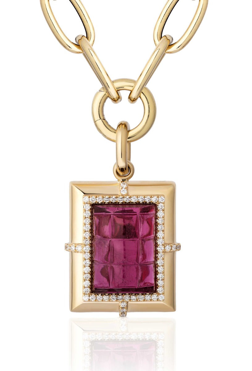 "G-One" Rubellite and Diamond Carved Medallion Pendant Necklace