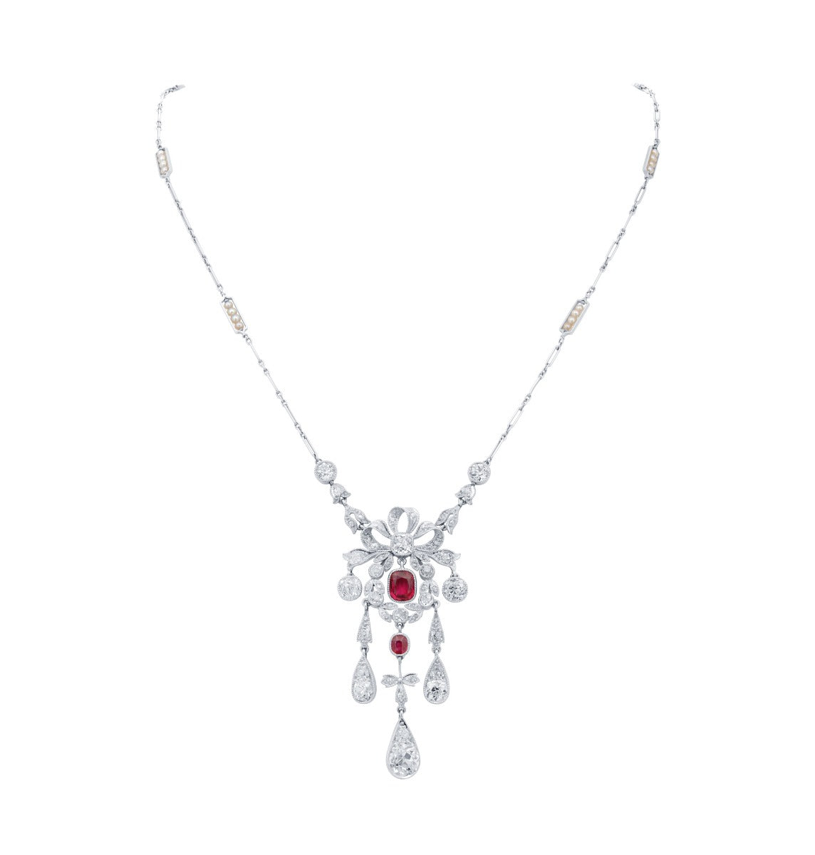 Louis Anthony Jewelers Antique Burmese Ruby & Diamond Platinum Necklace with Seed Pearl Links