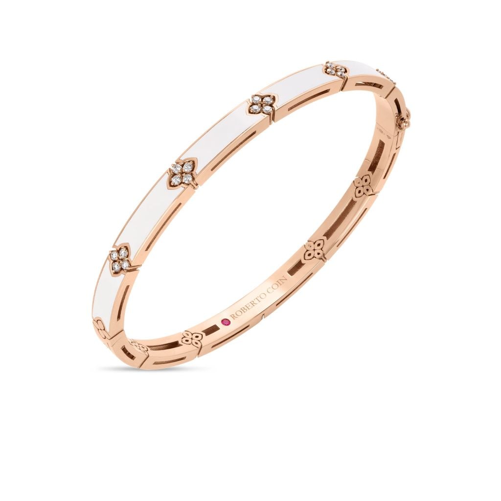 Roberto Coin "Love In Verona" 18kt Rose Gold Diamond & Enamel Flower Bangle