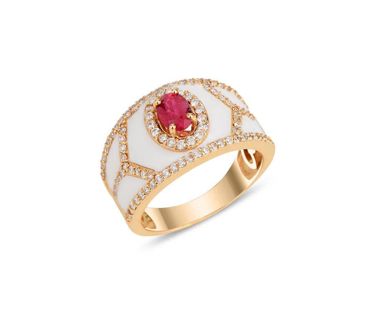 Terzihan Ruby & Diamond Shield White Enamel Ring in 18K Rose Gold