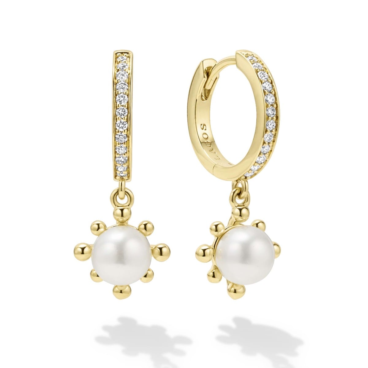LAGOS "Luna" Yellow Gold Fleur Pearl Diamond Huggie Earrings | Louis Anthony Jewelers