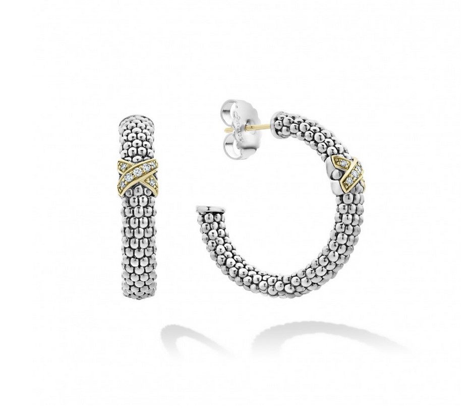 "Embrace" Small X Diamond Caviar Hoop Earrings