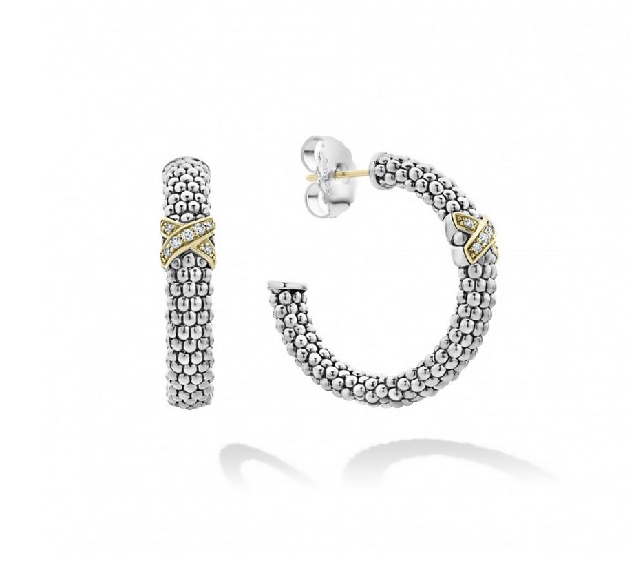 LAGOS "Embrace" Small X Diamond Caviar Sterling Silver Hoop Earrings