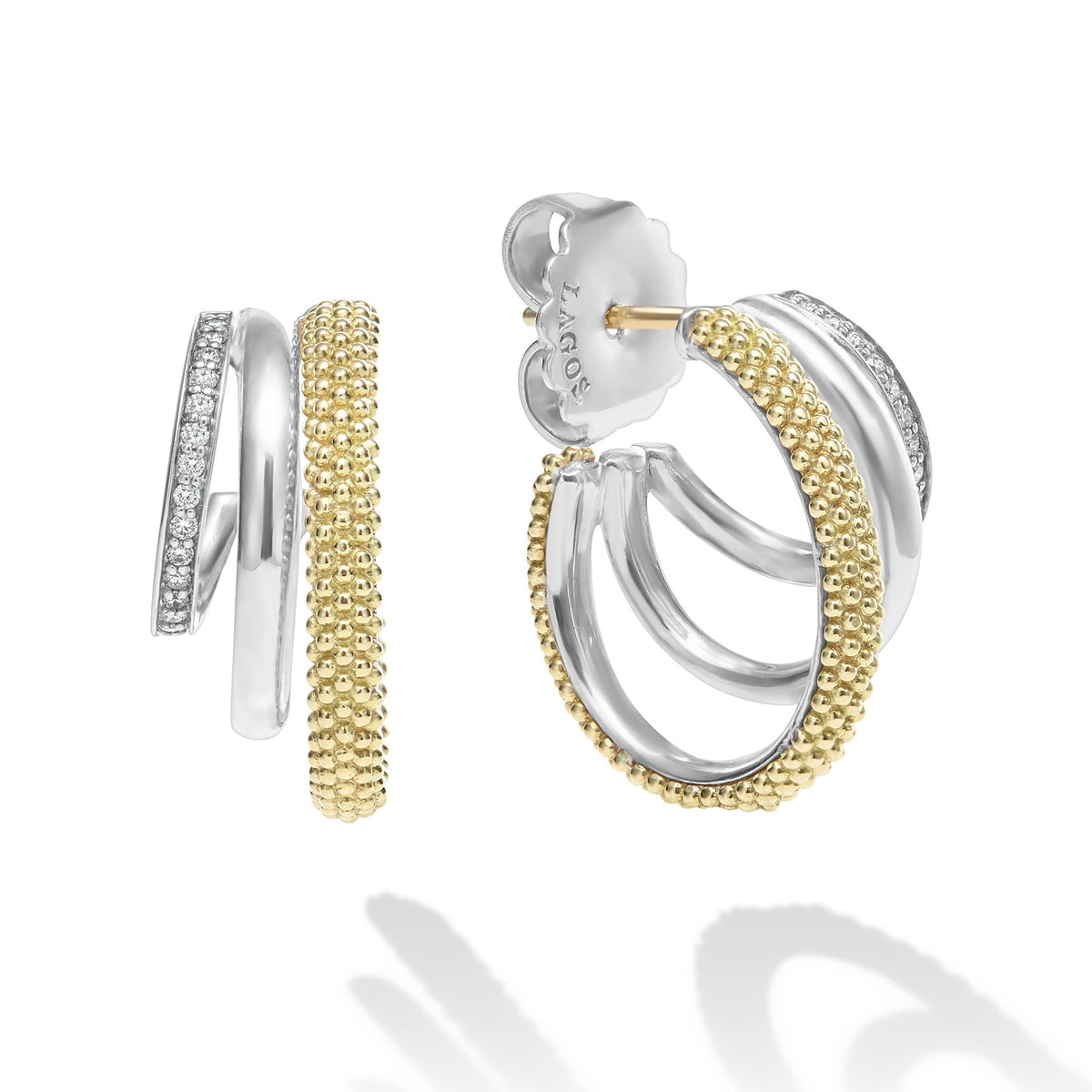 "Caviar Lux" Two-Tone Three Ring Diamond Hoop Earrings