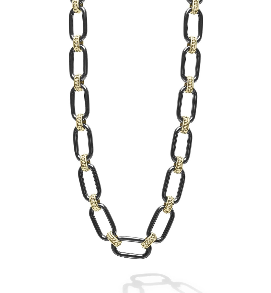 LAGOS "Signature Caviar" Black Ceramic Link Necklace in 18kt Yellow Gold