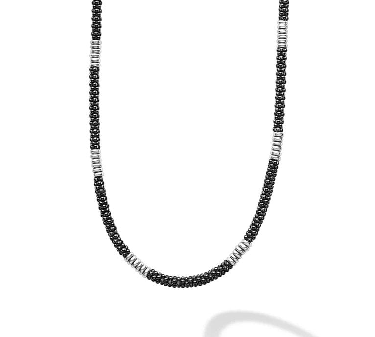 LAGOS "Black Caviar "Silver Station Ceramic Beaded Necklace, 16"