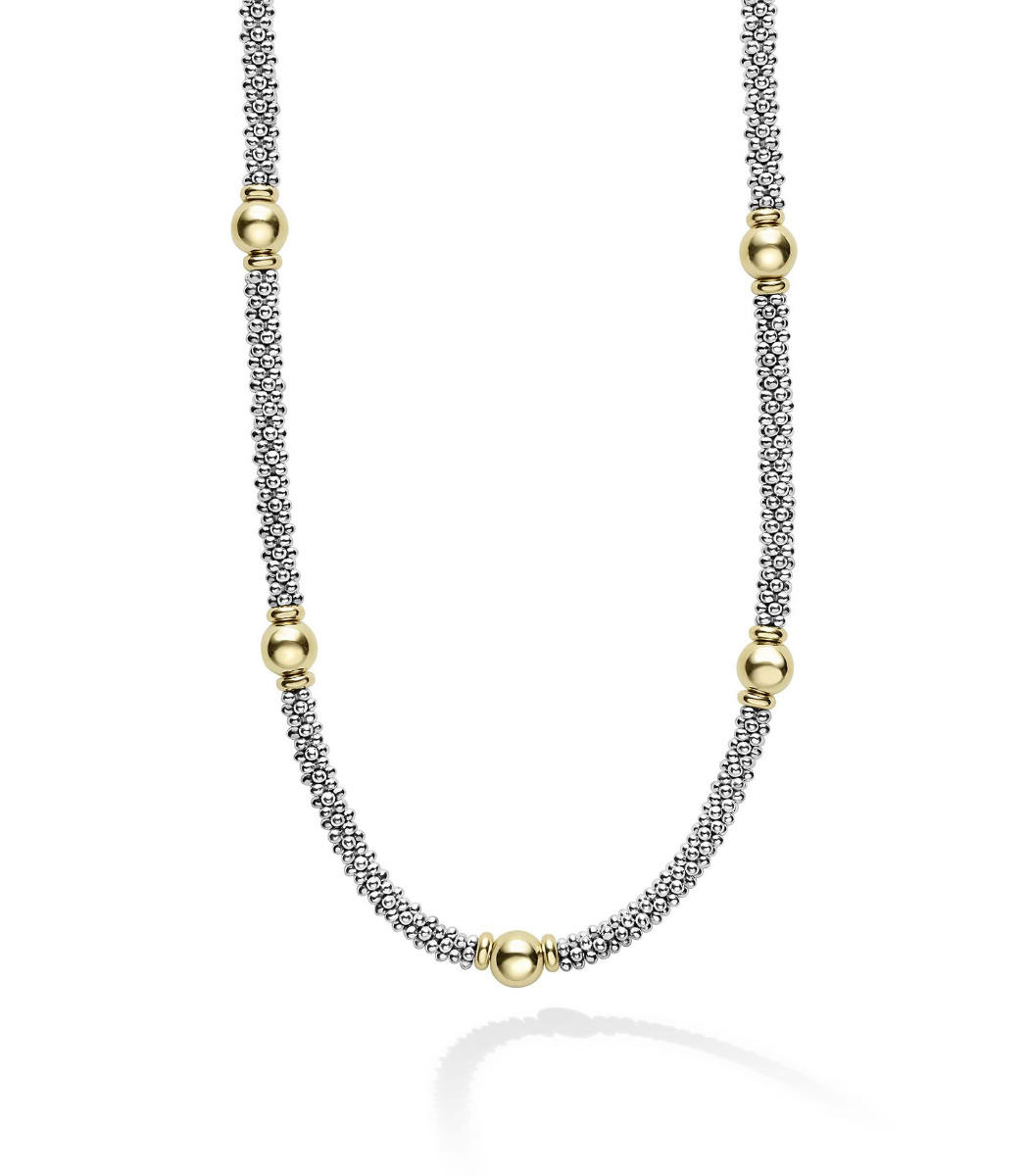 "Signature Caviar" 18kt Gold Station Necklace, 16"